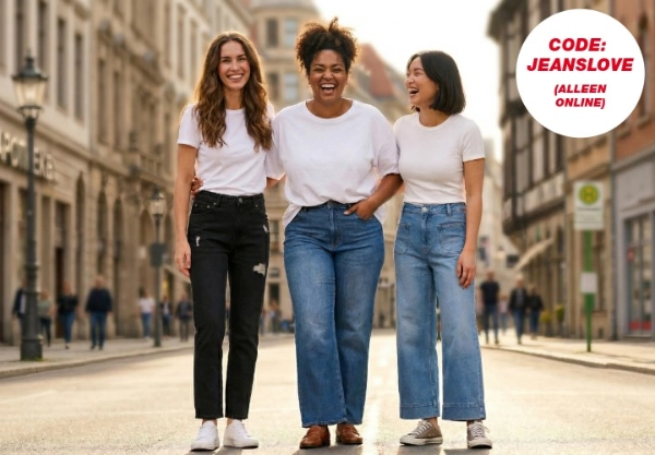 Drie vrouwen dragen verschillende jeanslooks in de stad met vermelding van kortingscode JEANSLOVE – trendy denim outfits voor dagelijks gebruik