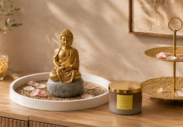 Gouden Boeddhabeeldje op een „Balance”-steen, naast een gouden etagère met bloemblaadjes en een geurkaars „Morning Citrus” op een houten kast.