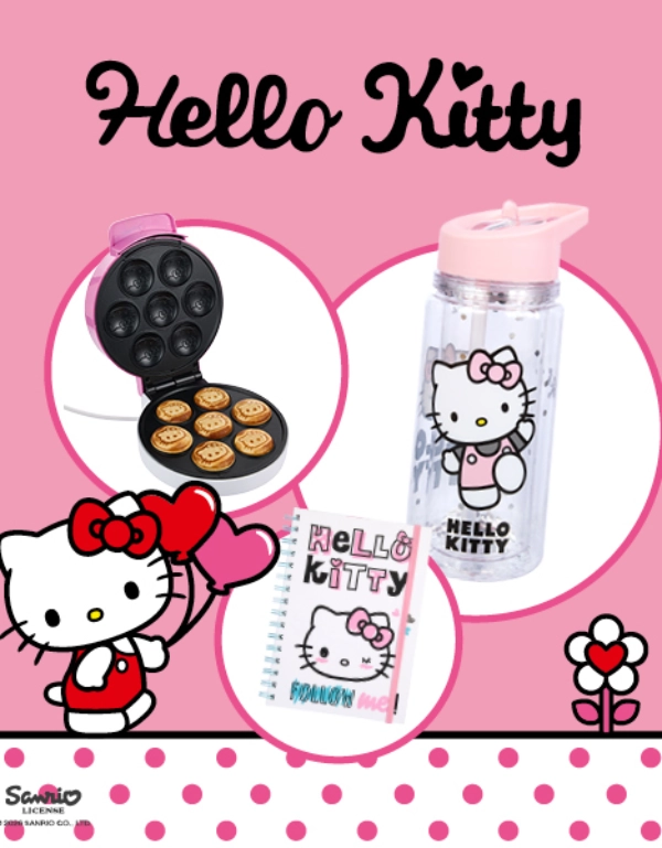 Een kleurrijke afbeelding met Hello Kitty-thema, met een waterfles, een notitieboekje en een wafelijzer, allemaal tegen een roze achtergrond.