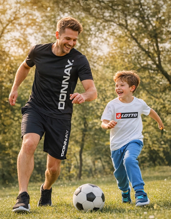 Een man en een kind rennen vrolijk samen over een grasveld en trappen tegen een voetbal in het warme zonlicht.