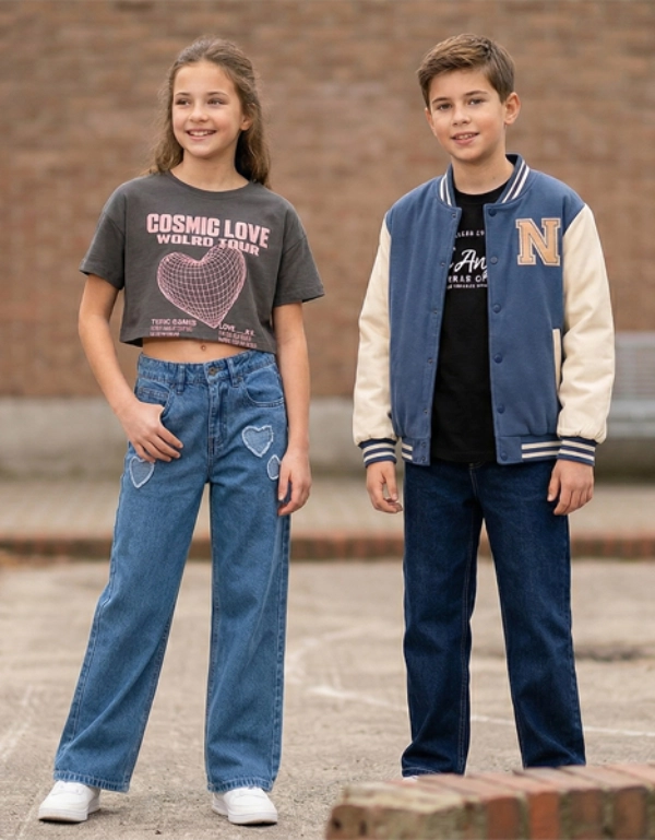 Twee kinderen dragen casual outfits met jeans en tops in een stedelijke omgeving – comfortabele en trendy kleding voor dagelijks gebruik en school