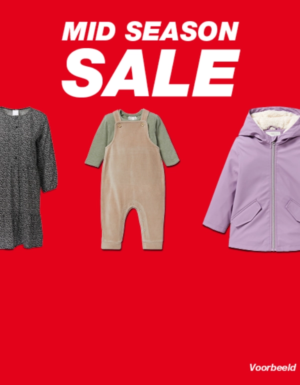 Mid Season Sale banner met kinderkleding en groot ‘SALE’-opschrift op een rode achtergrond