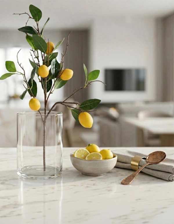 Decoratieve tak met citroenen in glazen vaas – frisse blikvanger voor natuurlijke en stijlvolle woonaccenten