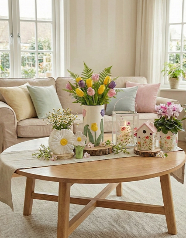 Lichte woonkamer met lentedecoratie, bank, bloemen, vazen en decoratieve woonaccessoires