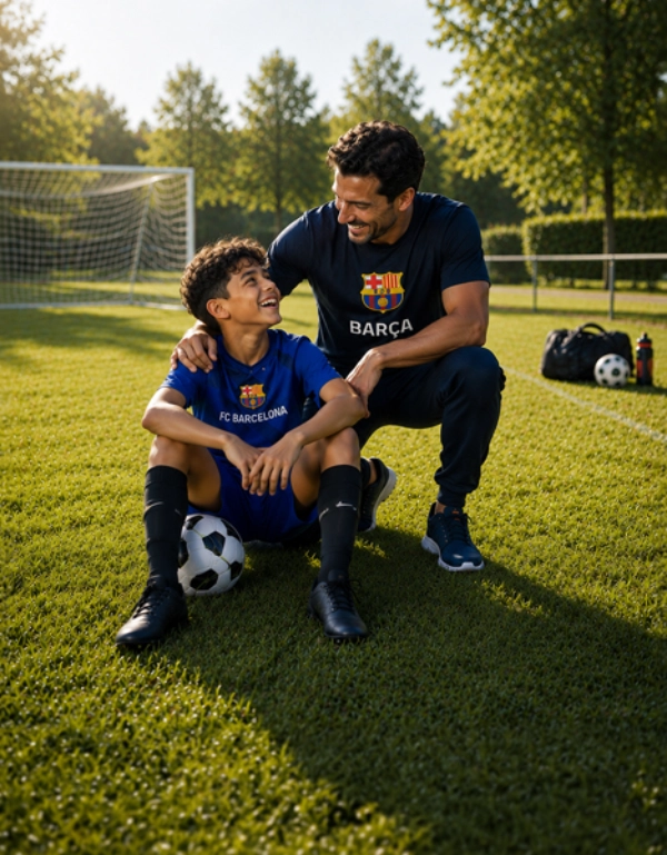 Vader en zoon in FC Barcelona voetbalshirts zitten met een voetbal op het veld