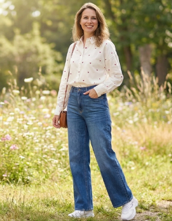 Een vrouw staat in een zonnig veld, gekleed in een wit shirt met hartjes en een blauwe wijde spijkerbroek, met een bruine tas in haar hand.