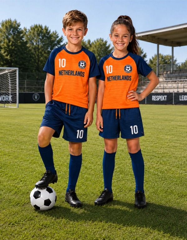 Twee kinderen in Duitse voetbalshirts poseren op een voetbalveld; één van hen heeft zijn voet op een voetbal.