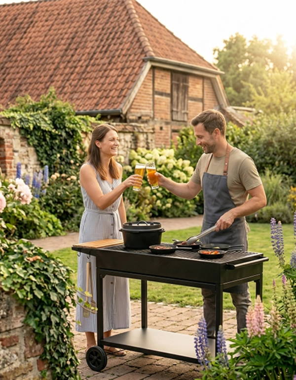Een man en een vrouw klinken met glazen bij een barbecue in een tuin met bloemen, met een bakstenen huis op de achtergrond.