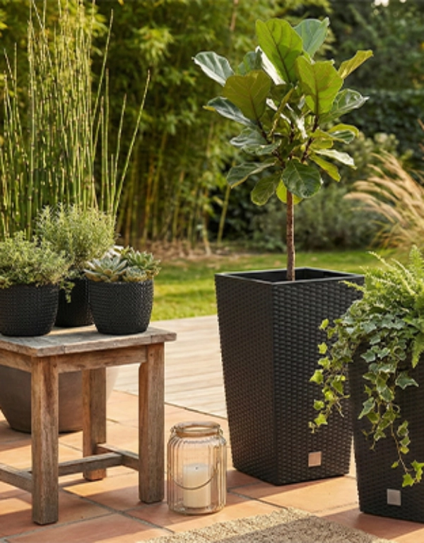 Buitenpatio met diverse potplanten, waaronder een kleine boom, varens en vetplanten, tegen een houten terras en een weelderige groene achtergrond.