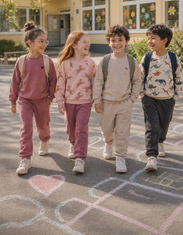 Vier kinderen lopen met rugzakken vrolijk over het schoolplein in comfortabele outfits voor elke schooldag.