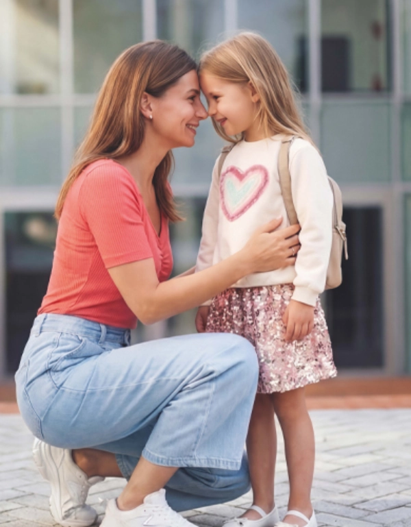 Een moeder neemt haar dochter liefdevol afscheid voor school. Het meisje draagt een rugzak en kijkt uit naar de schooldag.