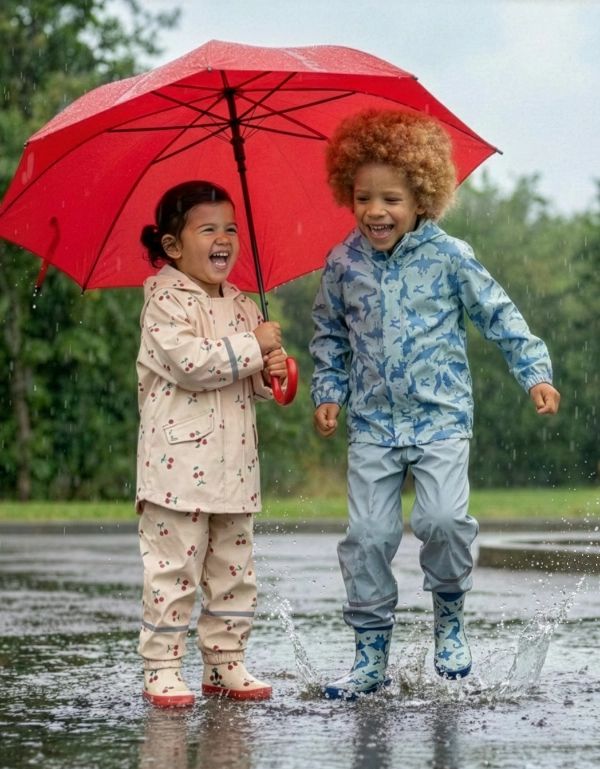 Twee kinderen in regenkleding staan onder een rode paraplu en spetteren in plassen op een regenachtige dag te midden van een weelderige groene achtergrond.