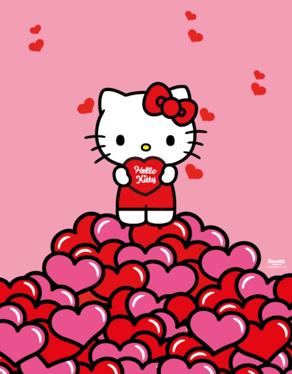 Hello Kitty staat op harten en houdt een rood hart vast, Valentijnsdag met tekst op roze achtergrond