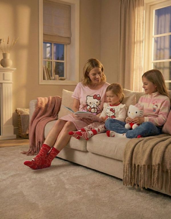 Een gezellige huiskamer met drie mensen in Hello Kitty-pyjama's, die lezen bij een brandende open haard, omringd door een warme inrichting.
