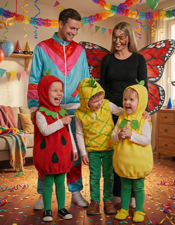 Een kleurrijk tafereel met vier kinderen in fruitkostuums (aardbei, ananas, citroen) en een volwassene met vlindervleugels, die een feestelijke gelegenheid vieren.