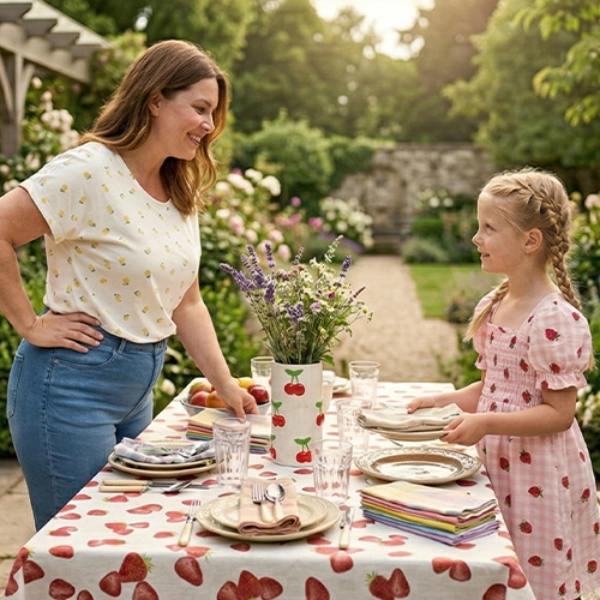 Een vrouw en een meisje dekken een tafel buiten in een bloemrijke tuin naast een stenen huis overdag.