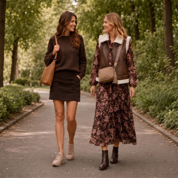 Twee vrouwen wandelen door een park in stijlvolle herfstoutfits met een trui, jurk, bodywarmer en enkellaarzen.