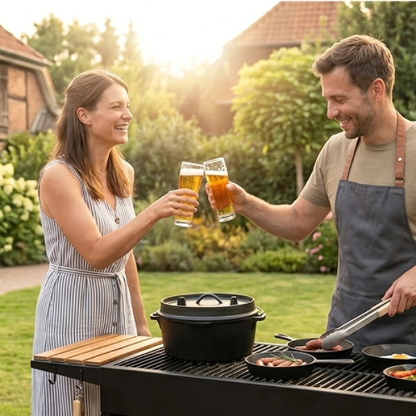 Een man en een vrouw klinken met glazen bij een barbecue in een tuin met bloemen, met een bakstenen huis op de achtergrond.