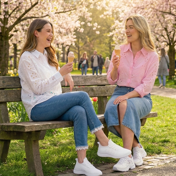 Twee vrouwen zitten op een bank en genieten van ijs onder bloeiende kersenbomen, met kleurrijke bloemen langs het pad in een zonnig park.