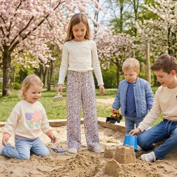 Vier kinderen spelen en bouwen zandkastelen in een zandbak onder bloeiende bomen in een park.