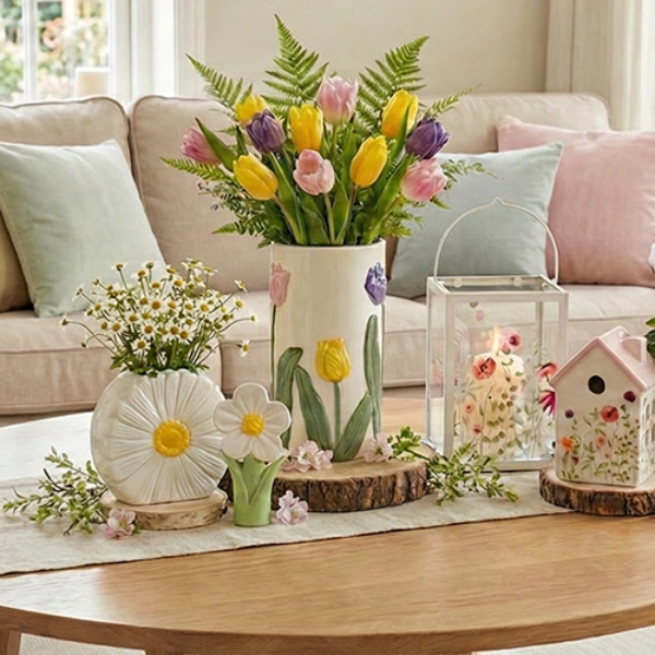 Helles Wohnzimmer mit Frühlingsdeko, Sofa, Blumen, Vasen und dekorativen Wohnaccessoires