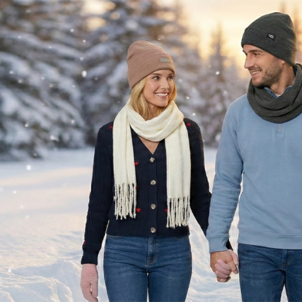 Koppel in winterlandschap met gebreide kleding, mutsen en sjaals in de sneeuw