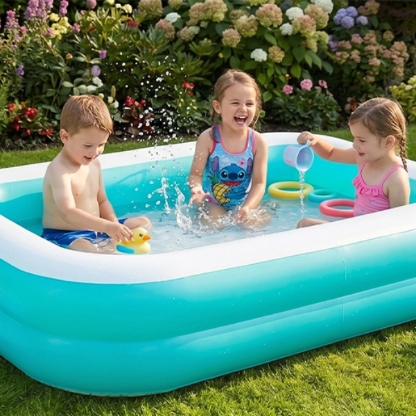 Drie kinderen spelen in een klein opblaasbaar zwembad op het gras, met speelgoed, een strandhanddoek en een bal in een zonnige tuin ernaast.