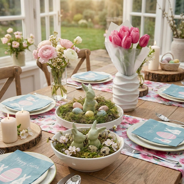 Een prachtig gedekte eettafel met bloemstukken, kaarsen en pastelkleuren decor, badend in warm zonlicht dat door grote ramen valt.