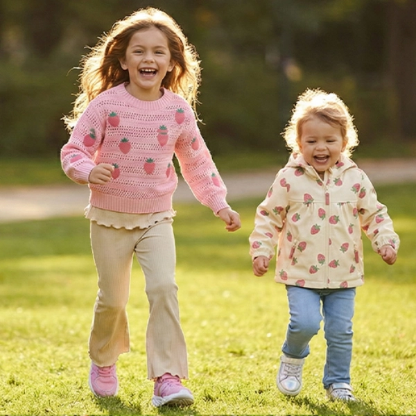 Twee kinderen rennen vrolijk door een zonnig park, omringd door groen gras en bomen, en dragen kleurrijke sweaters en casual broeken.