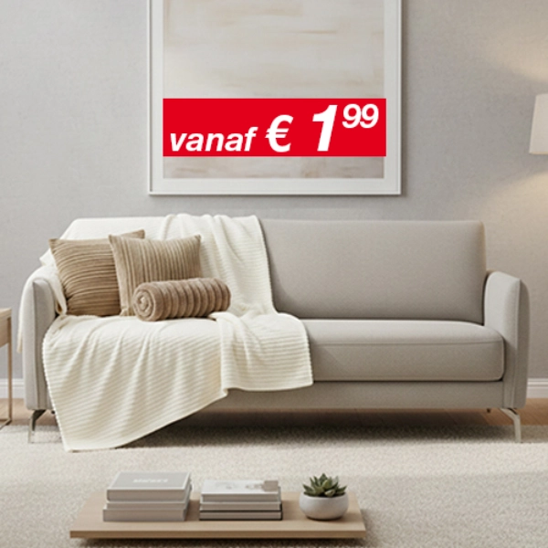 Lichte woonkamer met grijze bank, kussens en plaid, bijzettafel en vloerlamp