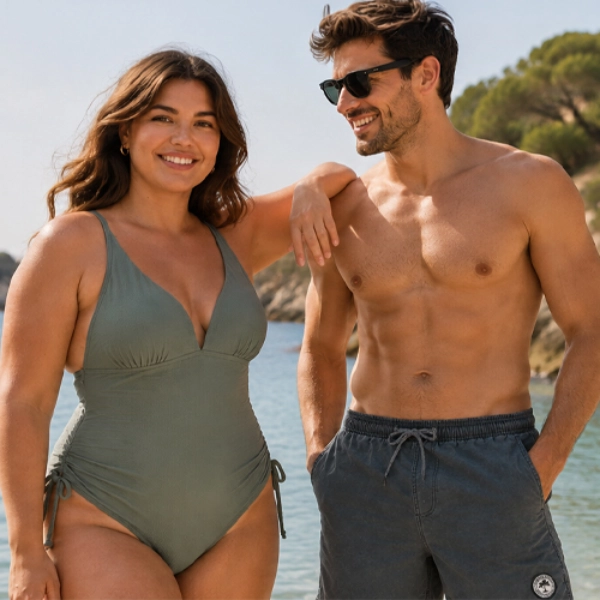 Vrouw en man in moderne badmode op het strand – zomerse looks voor ontspannen dagen aan zee