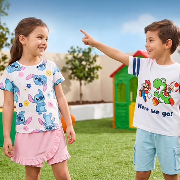 Kinderen in gelicentieerde Nintendo-kleding met Stitch- en Super Mario Yoshi-print spelen in een zonnig park
