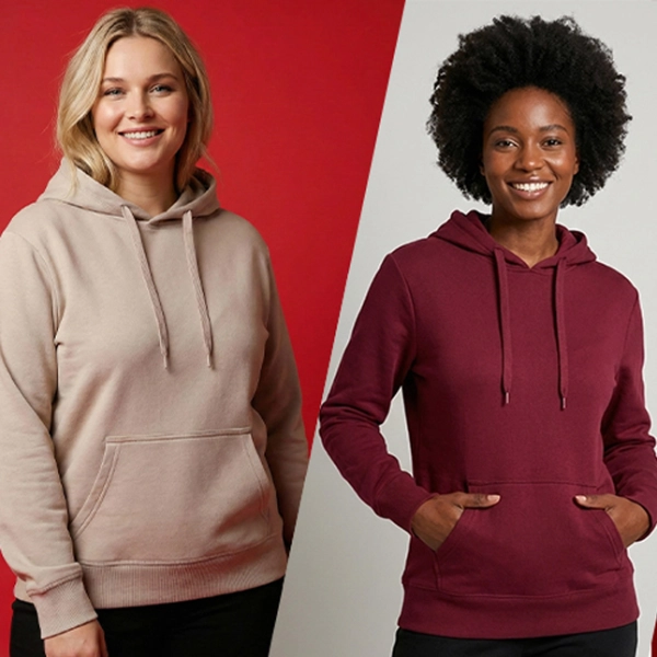 Drie personen staan naast elkaar tegen een rood-witte achtergrond en dragen hoodies in beige, bordeauxrood en olijfgroen.