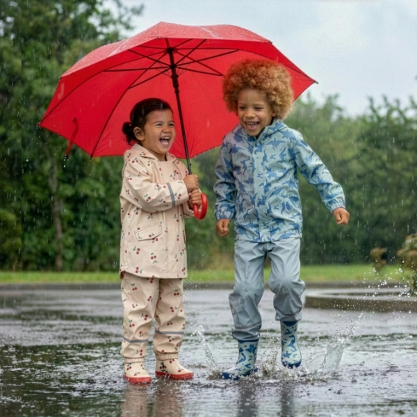 Twee kinderen spelen in de regen, spetteren in plassen en delen een knalrode paraplu, omringd door veel groen.