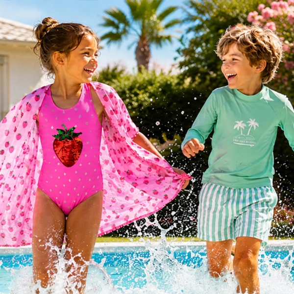 Twee kinderen rennen bij het zwembad, één draagt een roze badpak met aardbeienprint en een roze strandjurkje, de ander een groen shirt met lange mouwen met palmprint en groen‑wit gestreepte zwemshort.