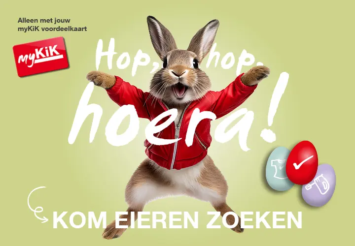 een frolijke haas in een rode jas viert Pasen met kleurrijke eieren en heeft een verrassingskortingsaktie voor de bezitter van de Mykik -kaart.