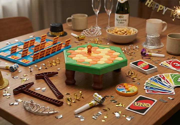 Een spelletjesavond met een kleurrijk bordspel, UNO-kaarten, feesthoedjes en bruisende appelwijn op een feestelijk gedekte tafel.