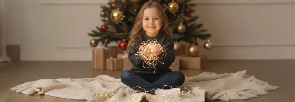 Een kind zit in kleermakerszit op een gezellig dekentje, met een wirwar van kerstverlichting in zijn handen en een versierde kerstboom op de achtergrond.
