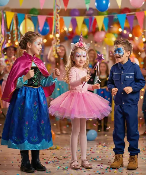 Drie kinderen in fantasierijke carnavalskostuums staan op een feestelijk versierde ruimte met slingers, ballonnen en confetti.