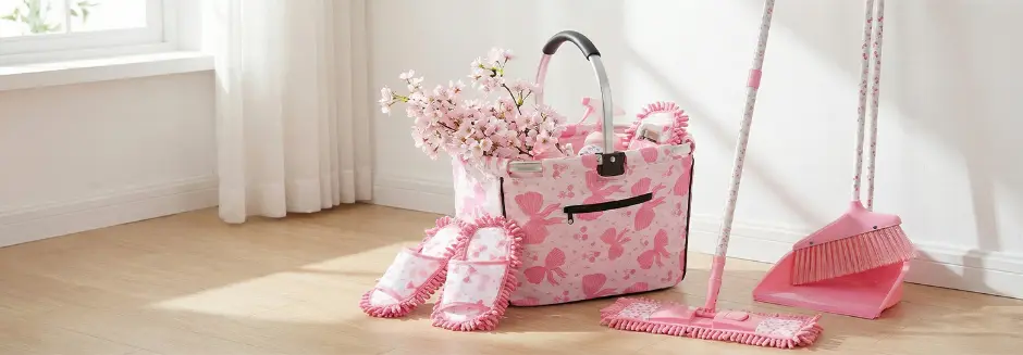 Roze schoonmaakset met dweil, bezem, stoffer en blik, schoonmaaktas en schoonmaaksloffen in een lichte kamer.