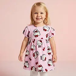 Peutermeisje in een roze jurkje met dierenprint tegen een roze achtergrond.