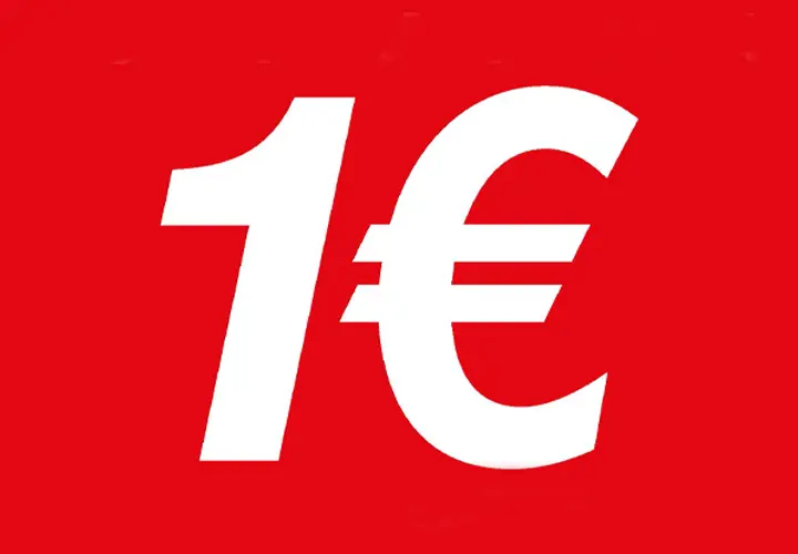 Witte tekst op een felrode achtergrond met het opschrift '1€', die op een speciale aanbieding wijst.