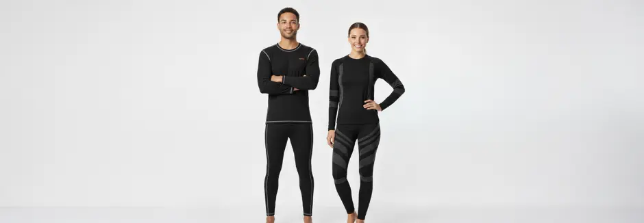 Een man en een vrouw staan zelfverzekerd in bijpassende zwarte sportkleding, met strakke ontwerpen en comfortabele pasvormen tegen een effen witte achtergrond.