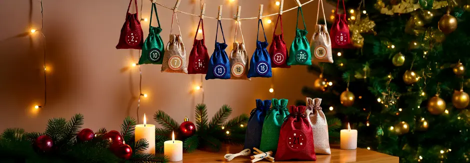 Feestelijke adventskalenderzakjes hangen aan lichtslingers, met kaarsen en decoraties naast een prachtig versierde kerstboom.