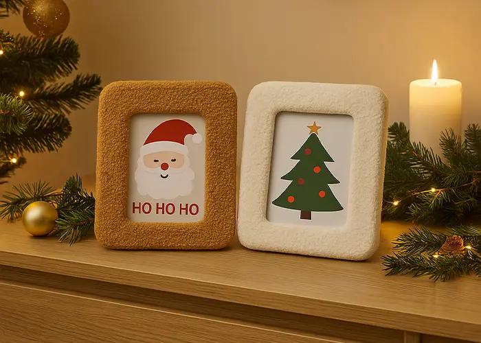 Twee feestelijke fotolijsten op een houten oppervlak: één toont een vrolijke Kerstman met „Ho Ho Ho”, de andere een groene kerstboom. Twee feestelijke fotolijsten op een houten oppervlak: één toont een vrolijke Kerstman met „Ho Ho Ho”, de andere een groene kerstboom.