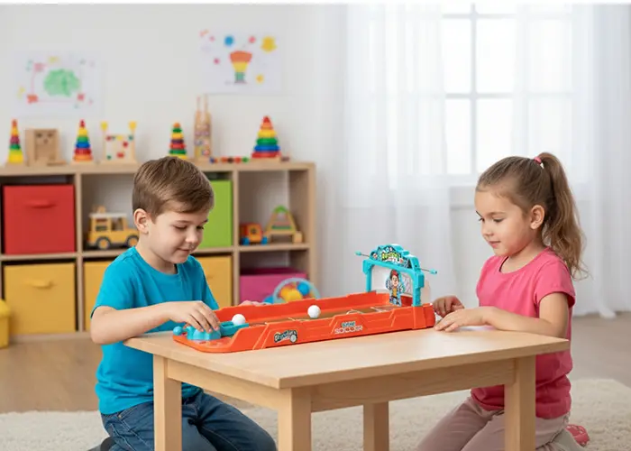 Twee kinderen spelen een tafelspel met een speelgoedbaan en kleurrijke ballen in een lichte, speelse kamer met educatief speelgoed. Twee kinderen spelen een tafelspel met een speelgoedbaan en kleurrijke ballen in een lichte, speelse kamer met educatief speelgoed.