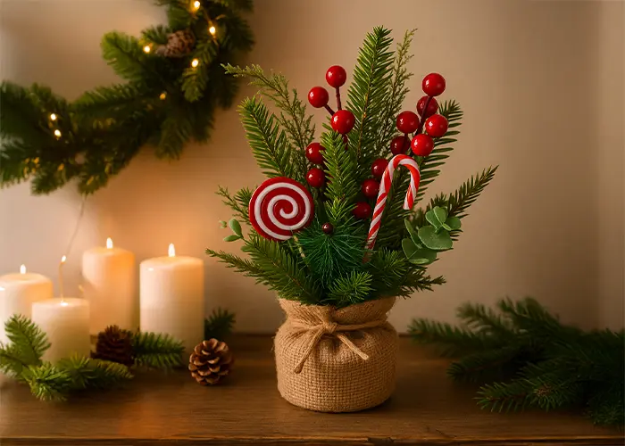 Een feestelijke kerstschikking met rood-witte zuurstokken en brandende kaarsen op een decoratief oppervlak. Een feestelijke kerstschikking met rood-witte zuurstokken en brandende kaarsen op een decoratief oppervlak.
