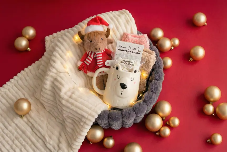 Een knusse vakantiesfeer met een pluizig rendier, een berenmok gevuld met warme chocolademelk en marshmallows, omringd door gouden ornamenten. Een knusse vakantiesfeer met een pluizig rendier, een berenmok gevuld met warme chocolademelk en marshmallows, omringd door gouden ornamenten.