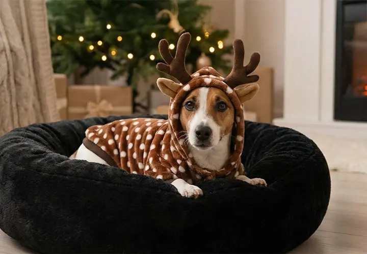Een hond in een bruin rendierkostuum met hoorns ligt op een zwart hondenbed in een woonkamer versierd met een kerstboom. Een hond in een bruin rendierkostuum met hoorns ligt op een zwart hondenbed in een woonkamer versierd met een kerstboom.