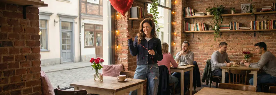 Persoon houdt een rode hartvormige ballon vast in een gezellig café met rustieke inrichting.